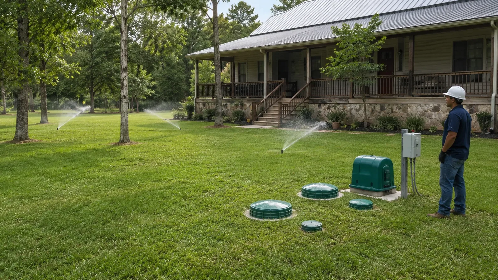 Installed aerobic septic system in service on a rural Texas property with visible riser lids, blower housing, spray heads, and clean service access.
