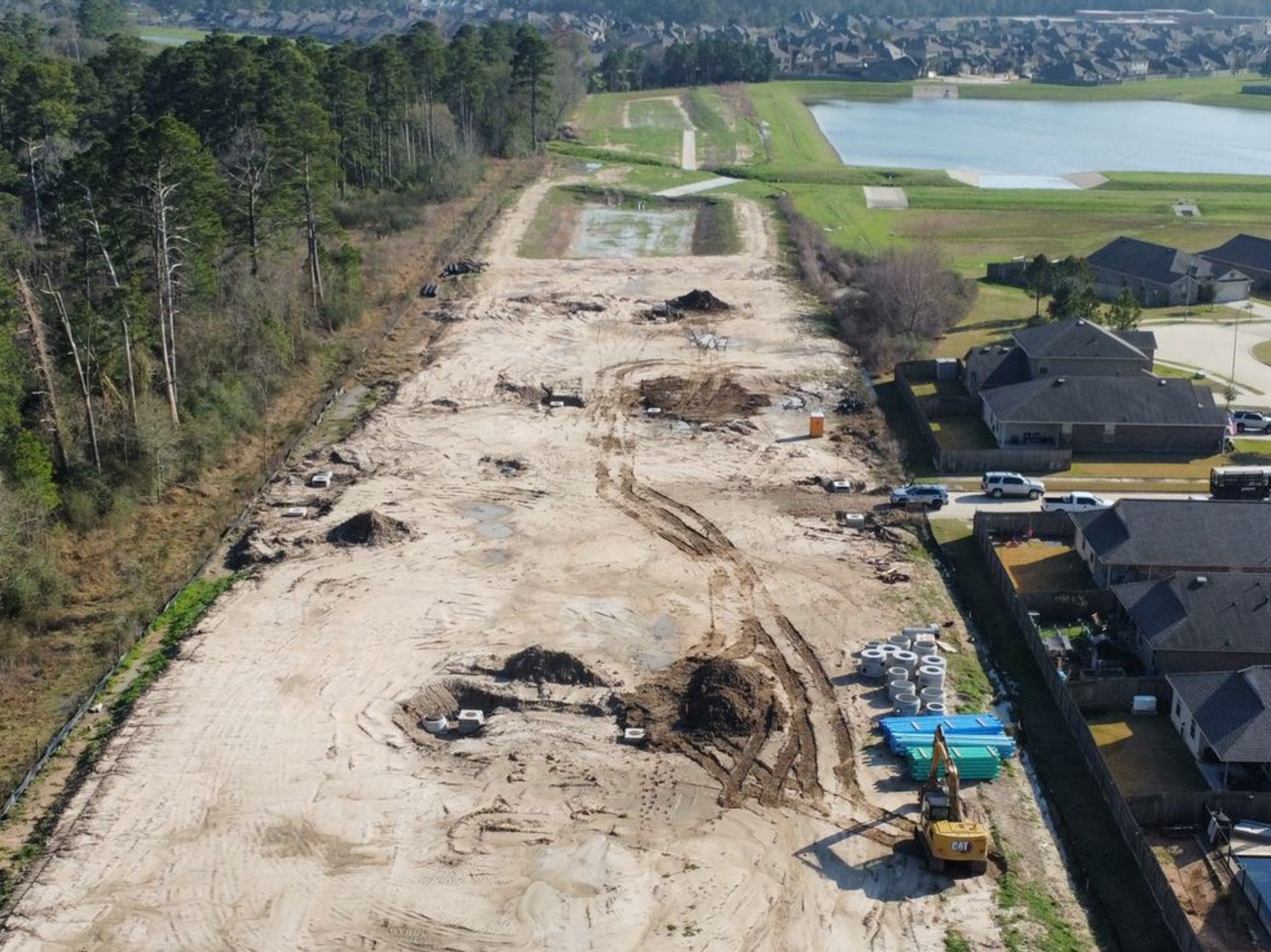 Aerial view of Hidden Village residential land development in Tomball, Texas.