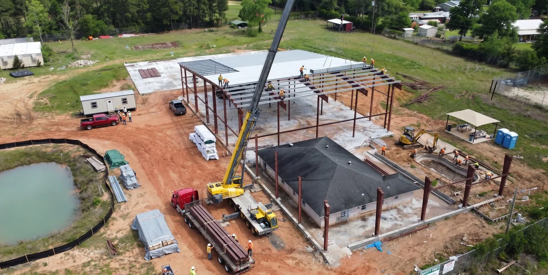 Steel-frame ground-up construction site managed by Engco crews.