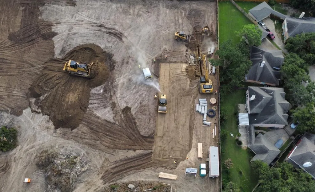 Aerial view of a graded subdivision and road infrastructure delivered by Engco land development crews.